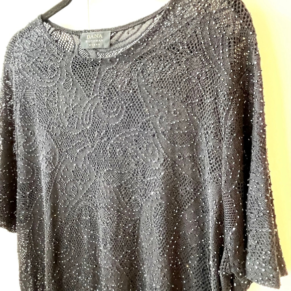 Vintage Dana Buchman Black Beaded Open Knit Top Sheer Sparkle Evening Wear L/XL - Picture 4 of 13